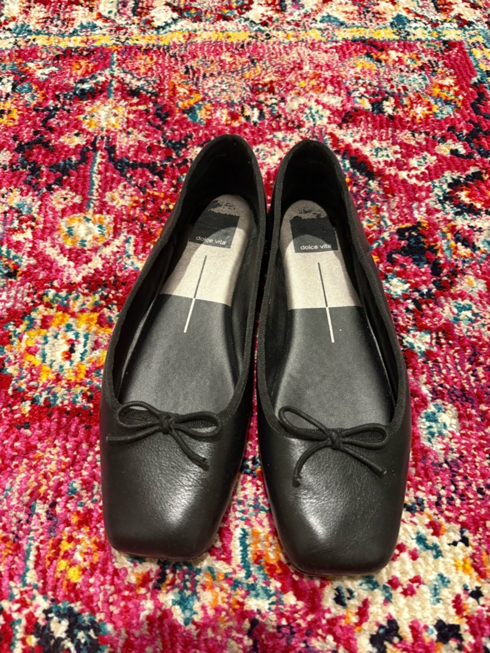 Dolce Vita Anisa Black Leather Square-Toe Ballet Flats with Bow